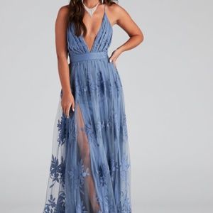 Dusty blue, Morgan Formal Flocked Velvet and Mesh Dress with Slit
